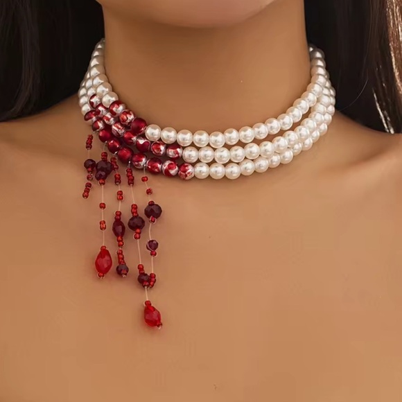 Anthropologie Jewelry - Dracula Red blood Pearl Scarlet Crystal Choker – Queen’s Statement Necklace